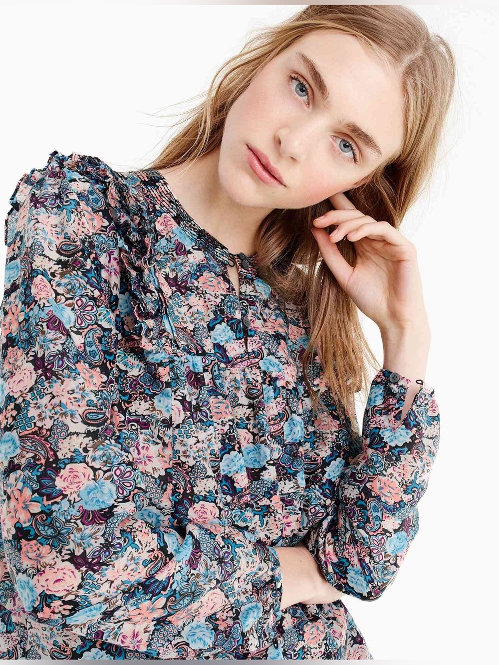 J.Crew Cotton Silk Ruffle Floral Blouse XS Blue Pink Paisley Smocked Top